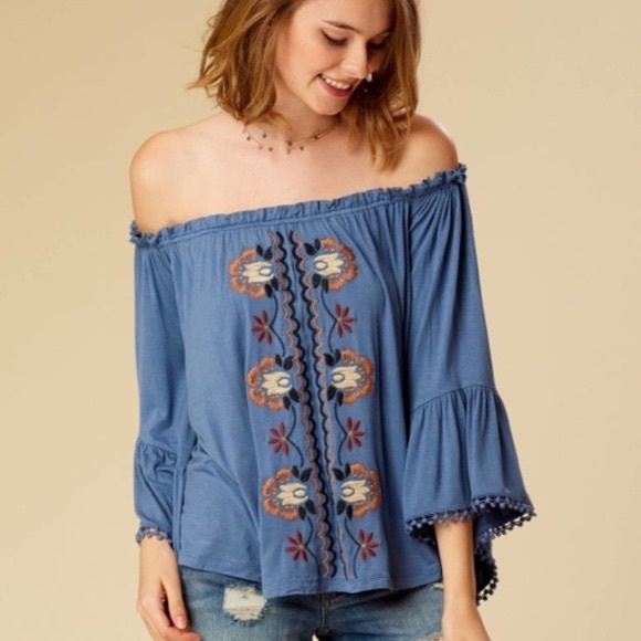 Altar’d State Blue Bardot Off Shoulder Cream Embroidered Bell Sleeve Blouse - Picture 15 of 15